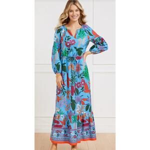 Talbots Blue Modern Poplin Puff Sleeve Dress Midi Joyful Floral NEW Women's P